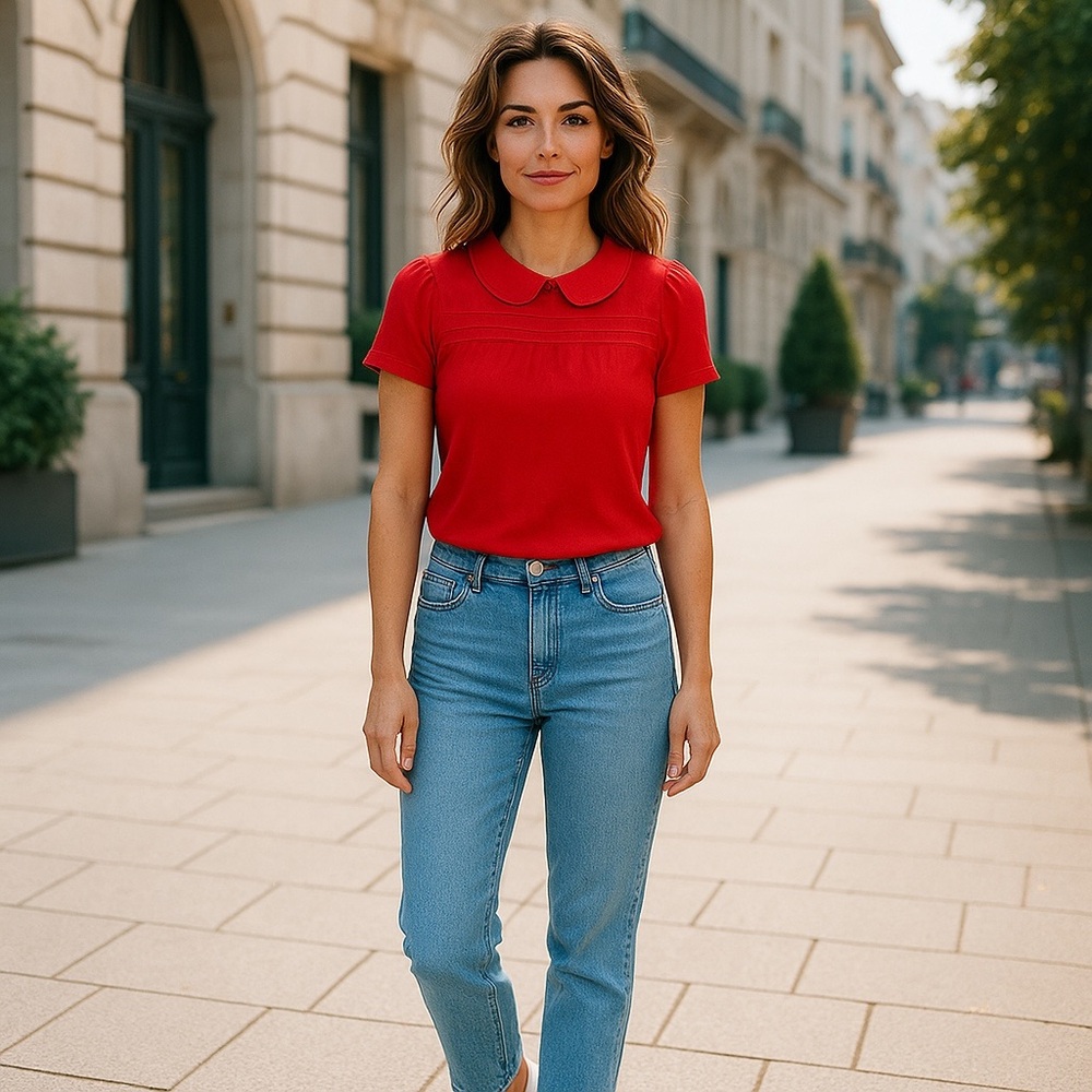Anthropologie Red Fitted Short Sleeve Blousewith Peter Pan Collar (Needs Button)